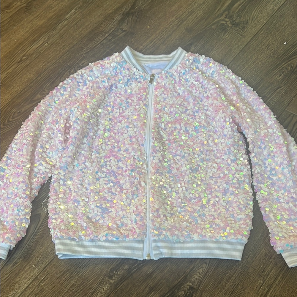 Girls 10 - Iridescent Pink Sequin Bomber Jacket